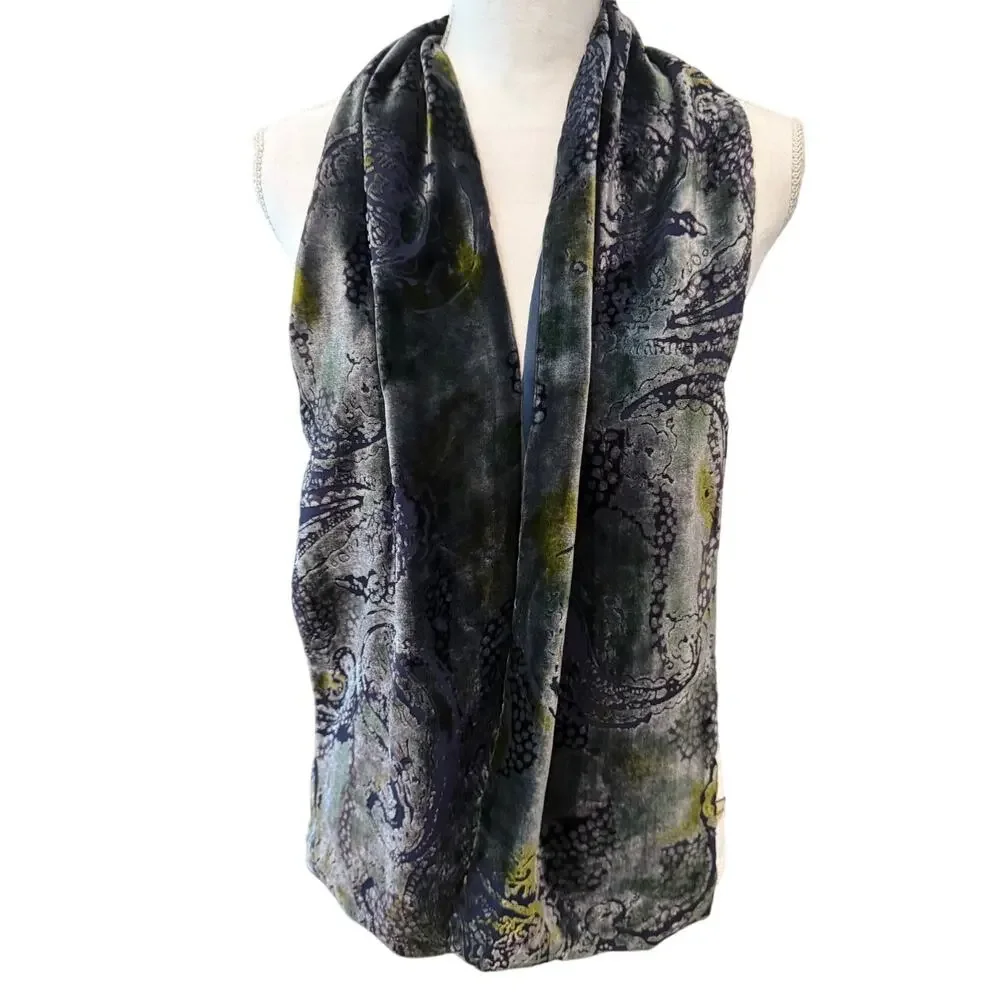 Vintage Susan Daniels Burnt Velvet Silk Scarf Blue Paisley Print